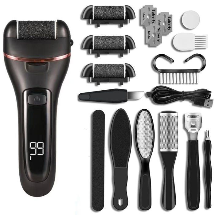 Set pila pentru talpi si calcaie, electrica cu 2 viteze, 3 capete incluse si accesorii, afisaj si lanterna cu led, reincarcabila cu USB, rezistent la