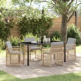 Set de dining pentru gradina Gossi 5 piese cu perne bej poli ratan, masa de gradina Gossi neagra 160x80x73 cm sticla calita
