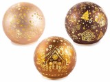 Set 3 sfere decorative Craciun sticla maro aurie cu led &Oslash; 10 cm x 9 H