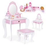 Masă de Toaletă ECOTOYS pentru Fete cu Oglindă, Scaun și 7 Accesorii din Lemn, Joc Machiaj, V&acirc;rsta 3+ ani