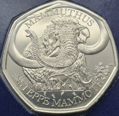 50 pence 2024 Marea Britanie, Steppe Mammoth, Brilliant unc, Coincard