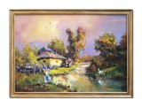 Cumpara ieftin Tablou pictat manual inramat, Apus de soare cu tarancuta, 75x55cm ulei pe panza, rama din lemn, Mircea Iordache