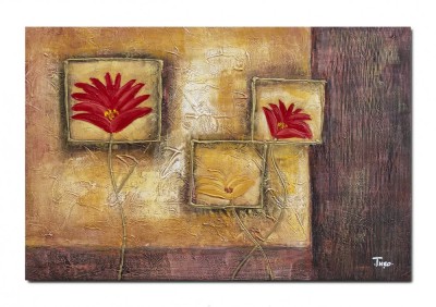 Tablou abstract pictat manual, Flori in oglida, 90x60cm ulei pe panza in cutit efect 3D, gata de agatat pe perete foto