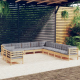 VidaXL Set mobilier grădină cu perne, 11 piese, gri, lemn masiv pin