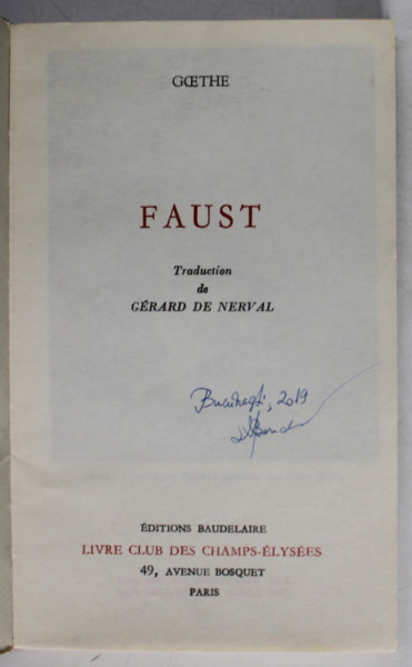 FAUST par GOETHE , traduction de GERARD NERVAL , 1965