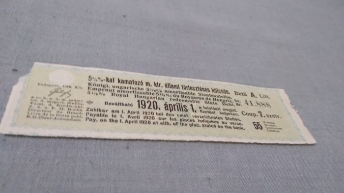 CUPOANE DE TREZORERIE CU REDUCERE 1920 UNGARIA