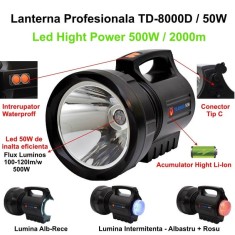 Lanterna profesionala reincarcabila td-8000D, 500W, led Tip CREE XM-L T6 50W, foto