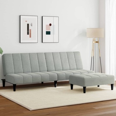 Gossi canapea extensibila cu taburet, 2 locuri, gri deschis, catifea foto