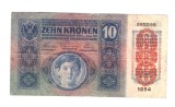 Bancnota Austro-Ungaria 10 kronen/korona/coroane 2 ianuarie 1915, suprastampila 1919, circulata