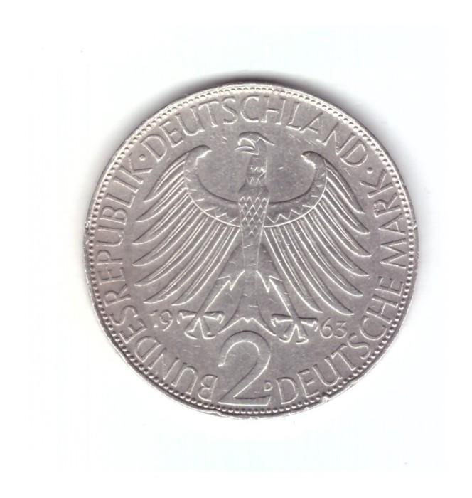 Moneda Germania 2 mark/marci 1963 D, Max Planck, stare buna, curata