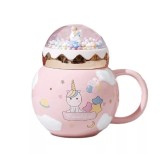 Cana din ceramica cu capac Pufo Unicorn World pentru cafea sau ceai, 400 ml, roz