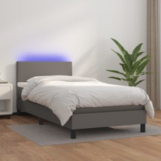 vidaXL Pat cu arcuri, saltea și LED, gri, 90x190 cm, piele ecologică 3134079
