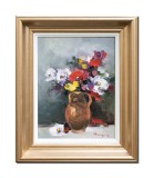 Cumpara ieftin Tablou inramat pictat manual, Carafa cu flori, 45x35cm ulei pe panza in cutit efect 3D, Geo Ungureanu