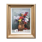 Tablou inramat pictat manual, Carafa cu flori, 45x35cm ulei pe panza in cutit efect 3D, Geo Ungureanu