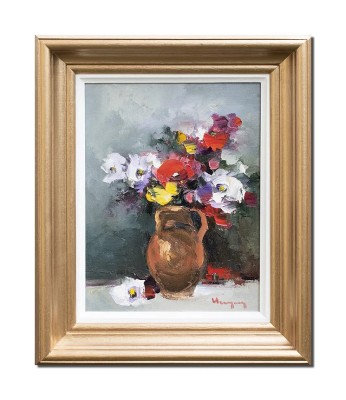 Tablou inramat pictat manual, Carafa cu flori, 45x35cm ulei pe panza in cutit efect 3D, Geo Ungureanu foto