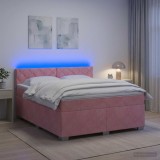 Cumpara ieftin Pat box spring cu saltea si LED Roz 160 x 200 cm Catifea