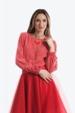 Bluza casual din vascoza rosie cu imprimeu, 34, 36, 38, 40, 42, 44, Rosu, Onibon