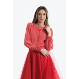 Bluza casual din vascoza rosie cu imprimeu
