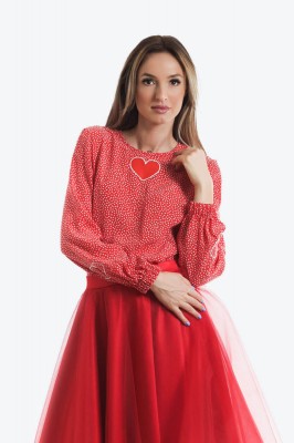 Bluza casual din vascoza rosie cu imprimeu foto