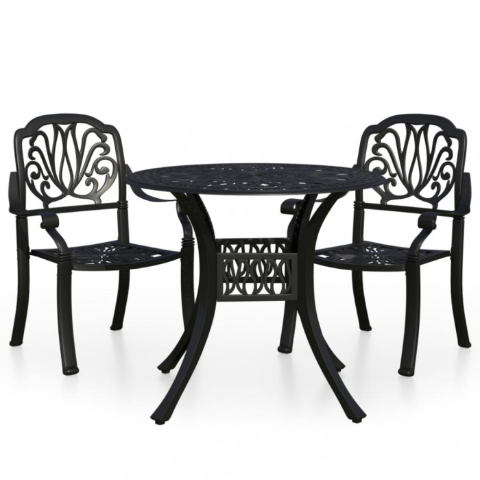 Set mobilier bistro, 3 piese, negru, aluminiu turnat