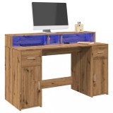 VidaXL Birou cu lumini LED stejar artizanal 140x55x91cm lemn prelucrat