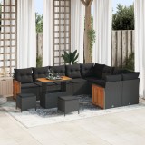 Set Canapea Grădină vidaXL cu 12 piese și perne Negru Ratan Acacia, Set dining Grădină vidaXL cu 3 piese și perne Negru Ratan Acacia