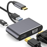 Adaptor multifunctional 4 in 1 USB-C la HDMI Techstar&reg; DJ4IN1, HDMI 4K, VGA 1080P, 1 x USB 3.0, PD Port, Argintiu