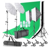 Cumpara ieftin Kit studio foto,2 lumini softbox,2 umbrele,suport fundal 2x3 m, 4x bec 150W, 3 panze fundal multicolore si geanta transport, Dactylion
