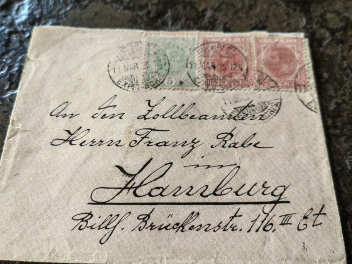 Plic circulat 1905, Bucuresti-Hamburg, francat 5x1 si 10x2 Spic de Grau