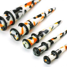 Plug alb cu pete negre si portocalii - Diametru piercing: 6,5 mm foto