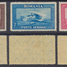 ROMANIA 1928 Posta Aeriana C.RAIU serie 3 timbre cu filigran orizontal MNH/MLH