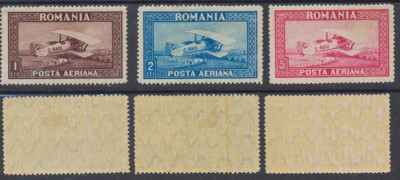 ROMANIA 1928 Posta Aeriana C.RAIU serie 3 timbre cu filigran orizontal MNH/MLH foto