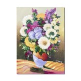 Tablou pictat manual, Vaza cu flori multicolore, pictura 70x50cm ulei pe panza