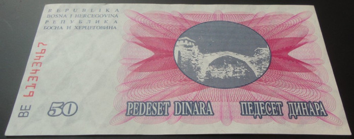 Bancnota 50 DINARI - Bosnia Hertegovina, anul 1992 *cod 216 = UNC