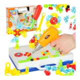 Set de construit, puzzle educational cu blocuri, surubelnita, suruburi colorate si cutie de depozitare, 237 piese