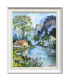 Cumpara ieftin Stefan Bilibou, tablou inramat peisaj montan si cabana langa apa, pictat manual 50x60cm ulei pe panza