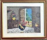 Tablou rustic Goblen vechi cu Cocoși cusut pas mare inramat 59x69cm