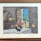 Tablou rustic Goblen vechi cu Cocoși cusut pas mare inramat 59x69cm