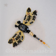 brosa libelula negru auriu 3D Swarovski handmade, brosa insecta, accesorii femei foto