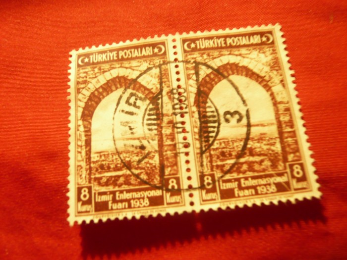 Pereche Timbre Turcia 1938 - Targ Izmir , 8 kurus ,stampila Izmir