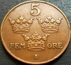 Moneda istorica 5 ORE - SUEDIA, anul 1937 * cod 5407, Europa, Bronz