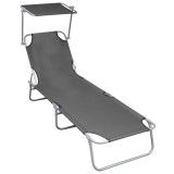 Cumpara ieftin Șezlong pliabil cu copertină, gri, aluminiu