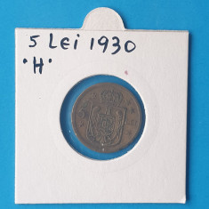 Moneda 5 Lei 1930 cu litera H - Regele Moihai Regenta