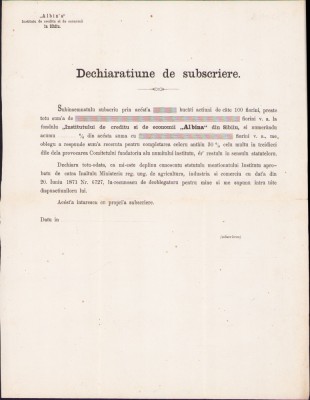 HST A743 Dechiarațiune subscriere acțiuni Institutul de credit Albina Sibiu 1871 foto