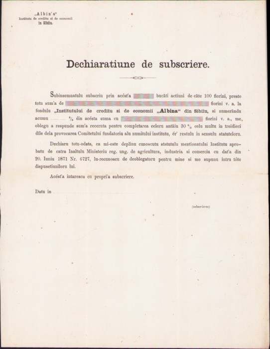HST A743 Dechiarațiune subscriere acțiuni Institutul de credit Albina Sibiu 1871