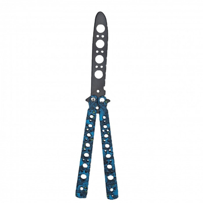 Cutit fluture Butterfly, Balisong 22 cm, cranii m2, albastru, fara tais, de antrenament, model cercuri