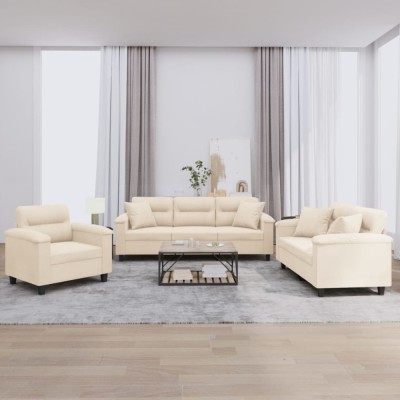 vidaXL Set de canapele cu perne, 3 piese, bej, microfibră foto