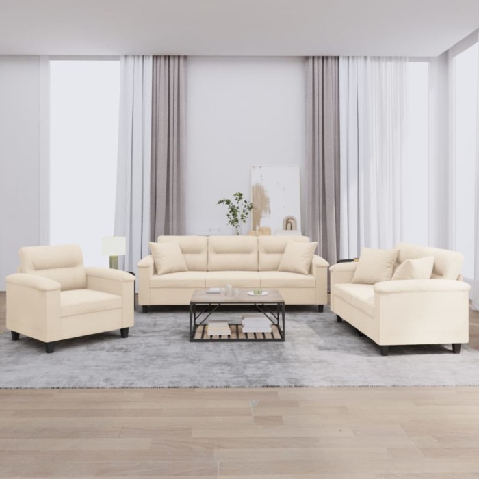 vidaXL Set de canapele cu perne, 3 piese, bej, microfibră