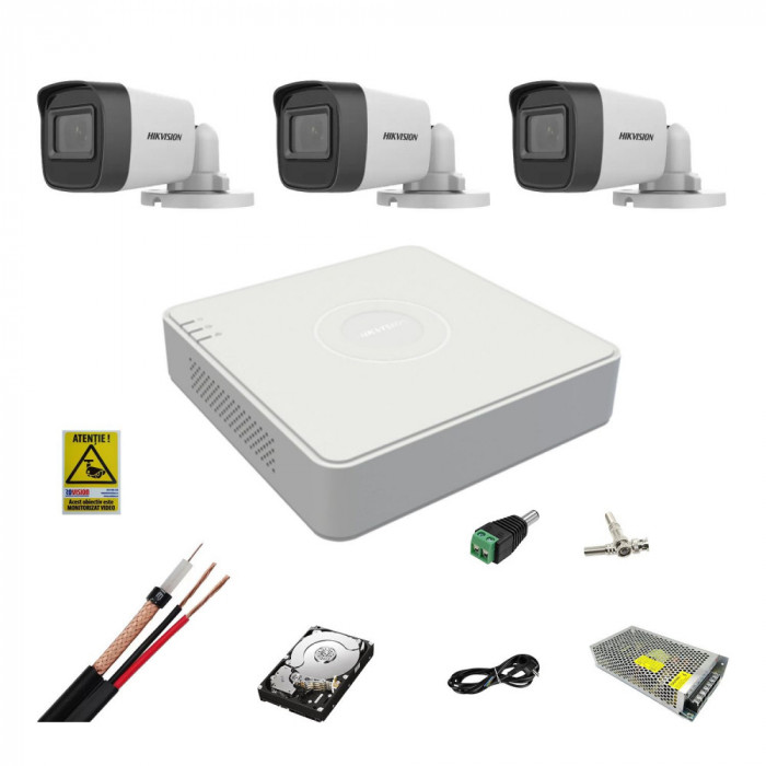 Kit complet supraveghere 5MP Hikvision cu 3 camere Bullet IR 25m, alimentatori, cabluri, mufe, HDD 500 Gb, vizualizare pe internet SafetyGuard Surveil