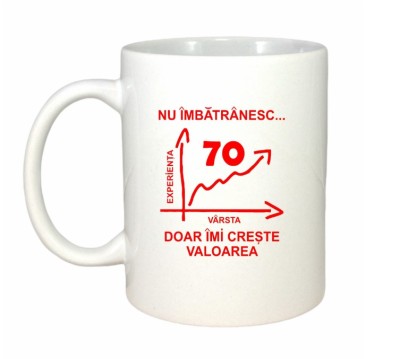 Cana alba personalizata &amp;quot;Nu imbatranesc doar imi creste valoarea, 70 ani&amp;quot;, INOVATIX&amp;reg;. 330 ml foto